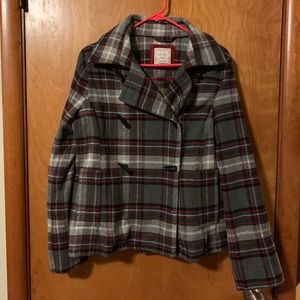 Plaid wool coat.